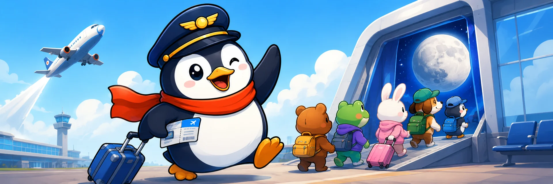 Captain Pengu wheeling a suitcase as his crew of animal friends boards a gate that opens onto the Moon